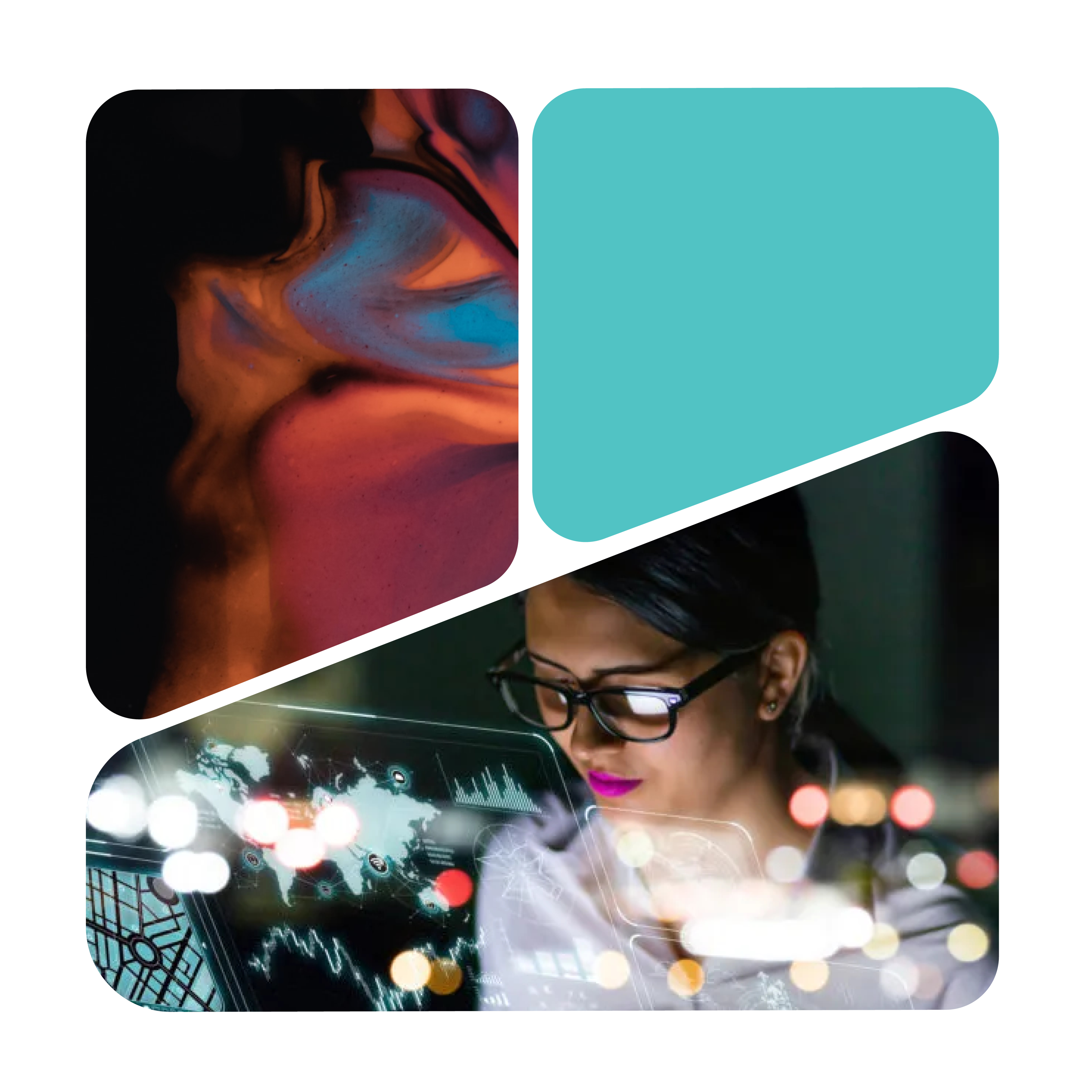 A woman with glasses studies a digital screen showing data charts and graphs, contemplating strategies for not-for-profit capital funding. The image is divided into three segments, featuring abstract colorful patterns in the top-left and a solid teal color in the top-right.